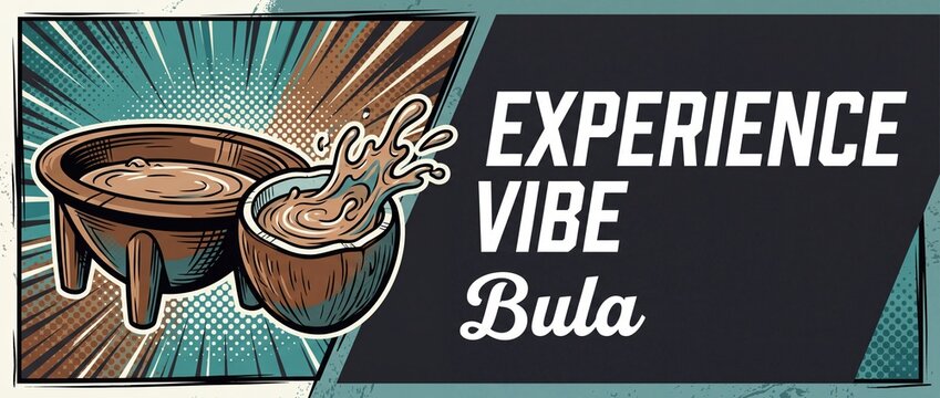 Kava drink bowl coconut shell splashing illustration banner for traditional Fiji bula experience vibe concept in retro pop art comic book style, Pacific island herbal beverage advertisement artwork