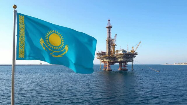 Bandeira Nacional do Cazaquist&atilde;o Tremulando com Plataforma de Petr&oacute;leo Offshore no Oceano Durante o Dia. Gerado por IA.
