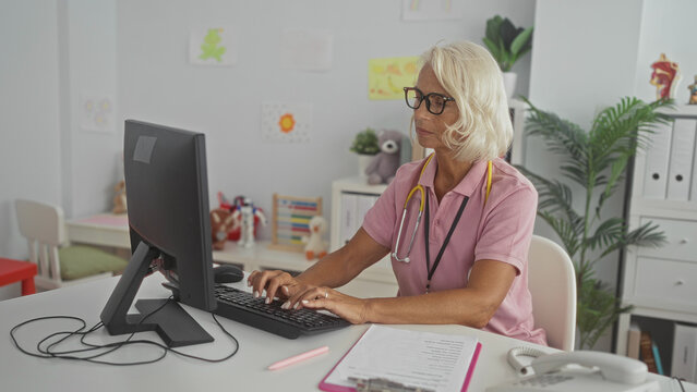 Woman doctor with stethoscope typing on keyboard, hands on keys at desk with clipboard and telephone, looking at monitor in medical building; focused patient care.