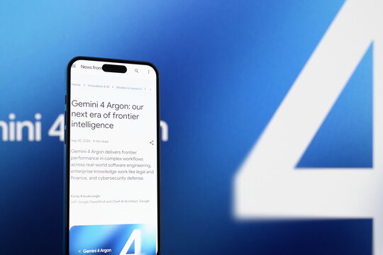 Wide view: the headline of the official Gemini announcement page displayed on a smartphone screen. Google unveils its new Gemini 4 Argon AI model. October 1, 2026, Lisbon, Portugal.