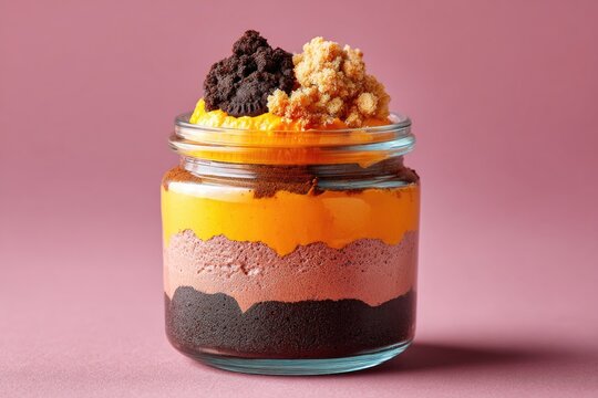 Vibrant layered dessert jar with chocolate and orange mousse on pink background