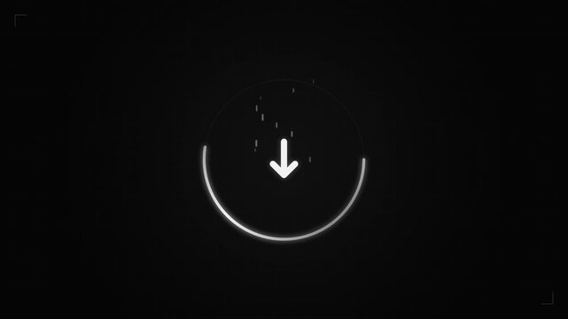 Minimalist download icon with a glowing progress arc on a dark textured background, symbolizing digital data transfer, perfect for tech interfaces, software loading screens, and application design