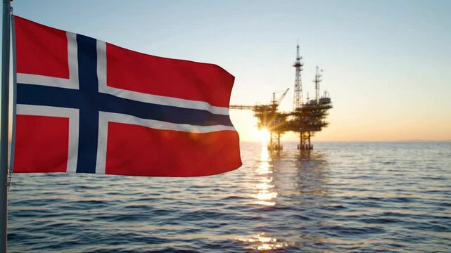Bandeira Nacional da Noruega Tremulando com Plataforma de Petr&oacute;leo Offshore no Oceano ao Nascer do Sol. Gerado por IA.