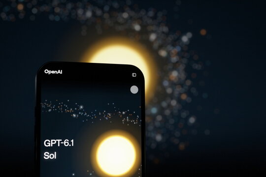 High-angle view: the headline of the official OpenAI announcement page for GPT-6.1 Sol displayed on a smartphone screen. September 30, 2026, Lisbon, Portugal.