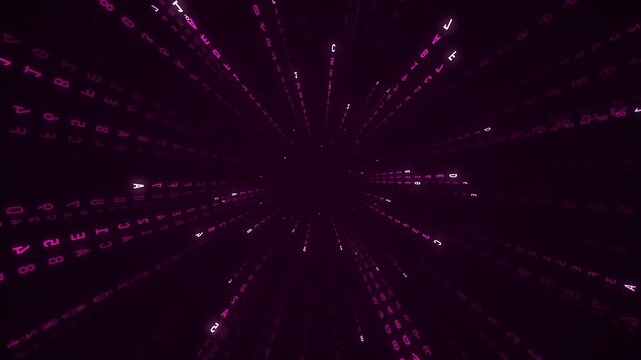 Magenta hex code streams rushing out of a dark digital tunnel, seamless loop