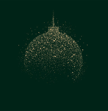 Christmas ball ornament and festive sphere made of shimmering dots drawing on a green background. Modern holiday symbol and New Year decoration design.