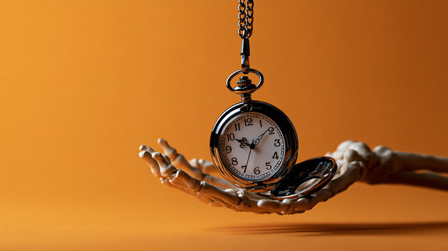 Skeleton hand holding a pocket watch on an orange background memento mori concept of time running out mortality and deadlines for business or halloween themes studio shot skeleton hand