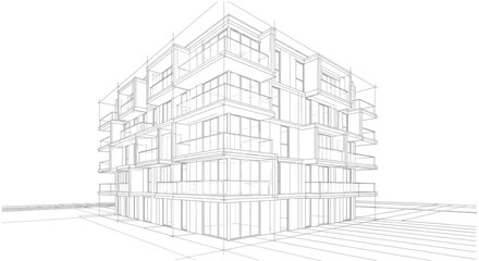 Fototapeta premium Architectural wireframe rendering depicts a modern multi-story residential building with balconies and large windows on a white background, suggesting a blueprint or design phase.