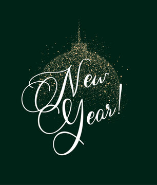 Christmas ball ornament and festive sphere with lettering made of shimmering dots drawing on a green background. Modern holiday symbol and New Year decoration design.
