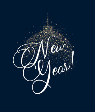 Christmas ball ornament and festive sphere with lettering made of shimmering dots drawing on a blue background. Modern holiday symbol and New Year decoration design.