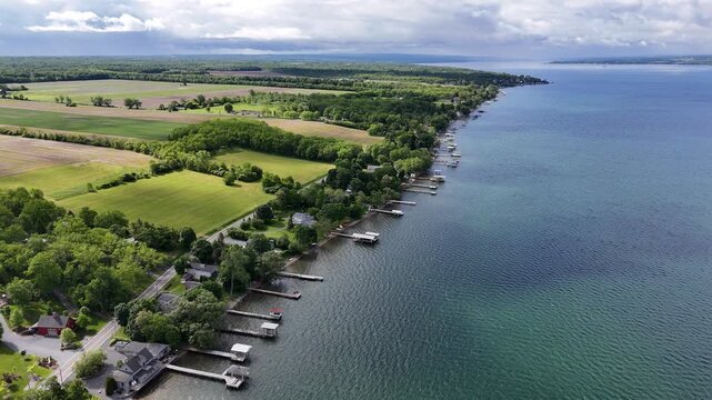 Drone clip of Cayuga Lake shoreline in Upstate New York.