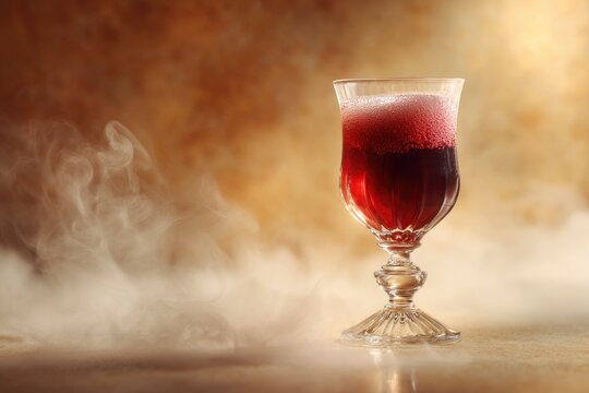 Elegant glass of red wine with golden stem surrounded by misty steam