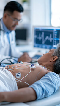 Modern methods of heart diagnostics cropped view of a patient on an exam table with ecg electrodes on the chest and a doctor reviewing a cardiogram on a monitor bright diagnostic room