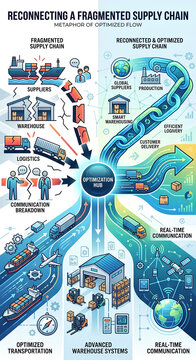 Optimized supply chain illustration with digital hub and real-time