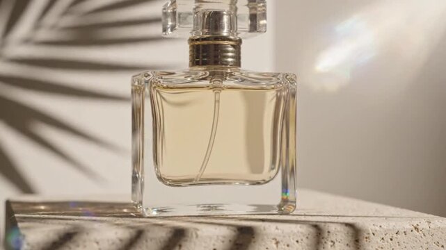 Elegant glass perfume bottle with tropical shadow on a neutral background