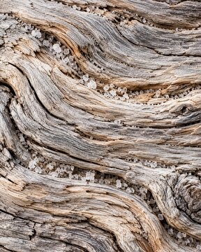 Weathered driftwood texture with salt crystals, coastal erosion and natural aging concept