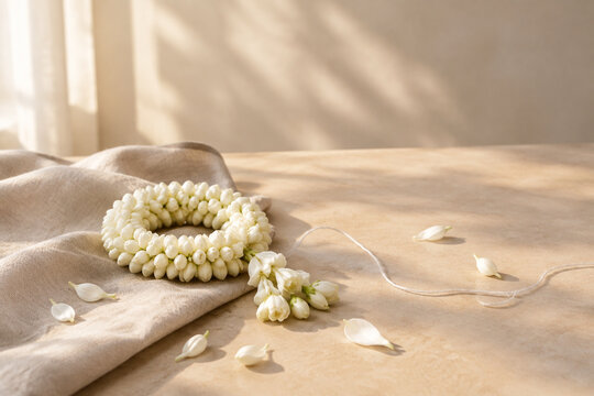 Sampaguita garland on unbleached linen with scattered petals and thread, handmade natural beauty concept