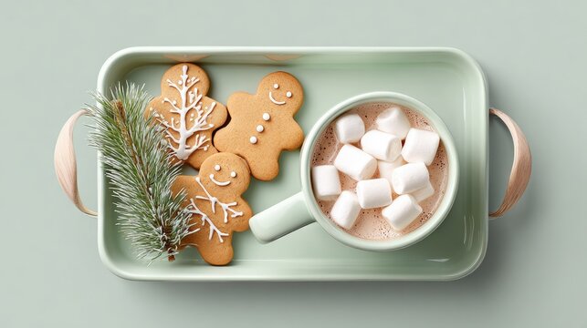 Festive gingerbread and hot cocoa on mint tray with pine sprig