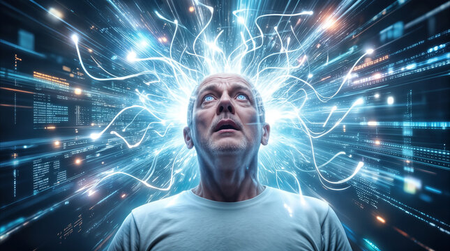 Senior man experiencing neural interface connection with glowing energy tendrils. Artificial intelligence and human brain integration concept.