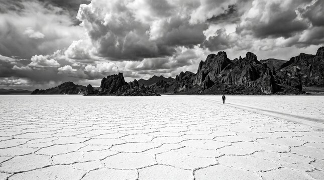 Lone figure walks on cracked salt flat towards dramatic volcanic rock with arid