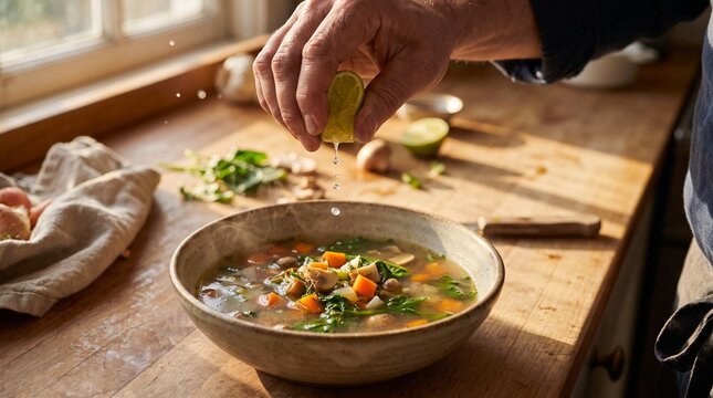 Cook Squeezing Lime over a Bowl of Vegetable Soup
