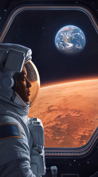 Spacewalker looking through spacecraft window at red planet surface and distant Earth. Concept of interplanetary travel and deep space exploration.