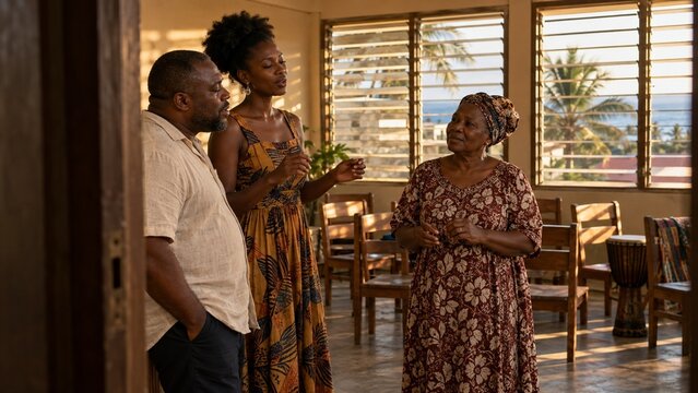 Three people stand in a room with wooden chairs and shutters, a woman in a patterned dress speaks to a woman in a headwrap and a man in a light shirt