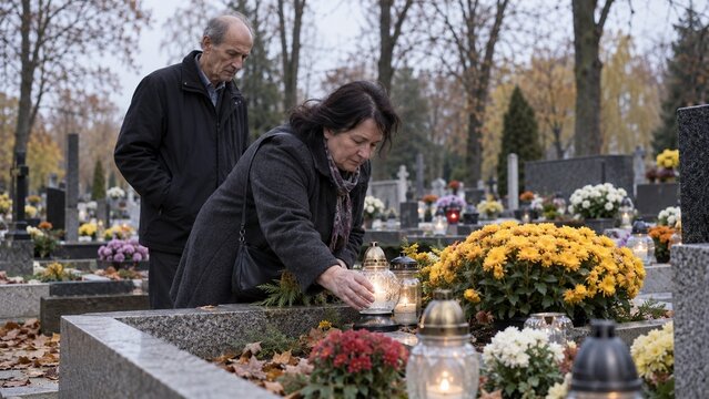 an older woman bends over a grave to light a candle, an older man stands beside her in a cemetery filled with flowers and tombstones