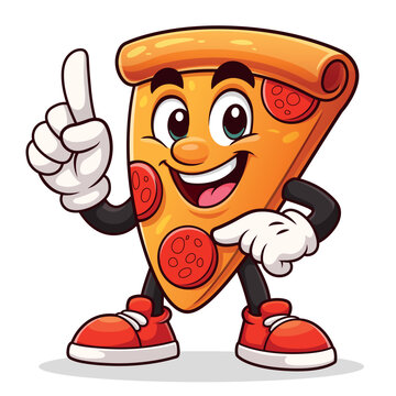 Happy Pepperoni Pizza Slice Mascot Pointing Up Cartoon Character, Funny Pizza Mascot with Gloves and Sneakers Cartoon Illustration, Smiling Pepperoni Pizza Slice Character with Pointing Gesture