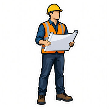 Vector illustration of a male construction worker wearing a yellow hard hat and orange reflective safety vest holding a blueprint architectural plan, isolated on a white background.