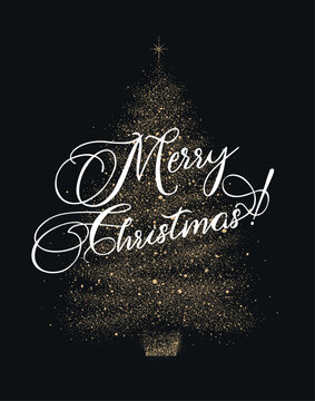 Christmas tree silhouette with lettering made of glowing dots on a black background. Modern holiday symbol for New Year and Christmas greeting cards, banners, and posters.