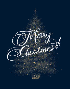 Christmas tree silhouette with lettering made of glowing dots on a blue background. Modern holiday symbol for New Year and Christmas greeting cards, banners, and posters.