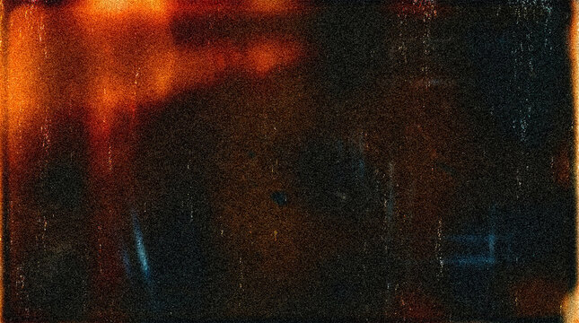 Noise Cinematic Film Grain Texture with Orange Light Leak and Dust Scratches for Vintage Movie Poster Background or Retro Overlay Surface.