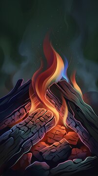 Vivid Fire Burning Brightly Over Charcoal Logs.