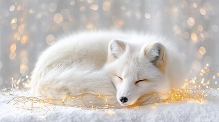 Fototapeta premium Serene arctic fox resting in snow with warm glowing bokeh lights in winter wonderland