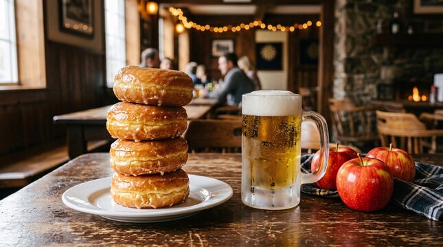 Tall precarious stack of four glazed golden donuts towers beside crisp red apples and a frosty mug of beer on a rustic tavern table.