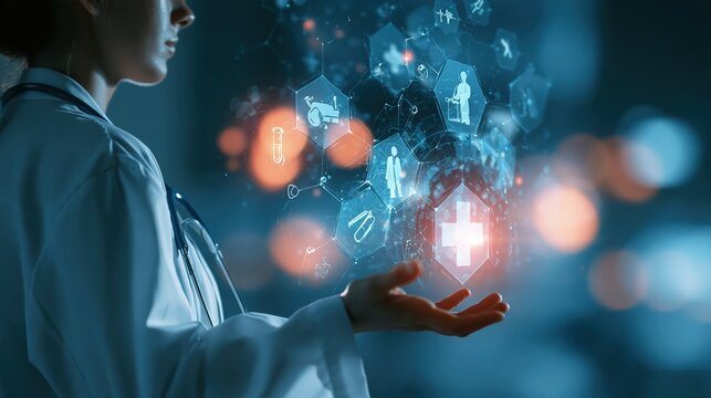 Healthcare worker in a white coat holding glowing medical icons and a health cross in an open hand, with a shallow depth of field
