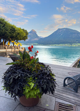 On the Shores of Lake Wolfgang (Wolfgangsee) in St. Wolfgang, Salzkammergut, Austrian Alps Vertical