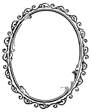 This image features a simple black-and-white vintage oval frame with double lines and swirling scrollwork ornaments around its edge.