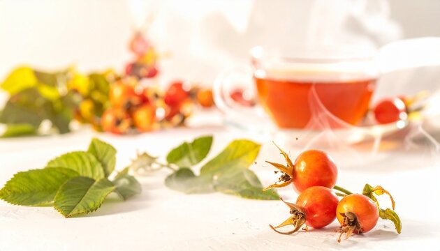 Steaming rose hip tea in a clear glass cup with fresh rose hips and green leaves on a bright, inviting white surface.