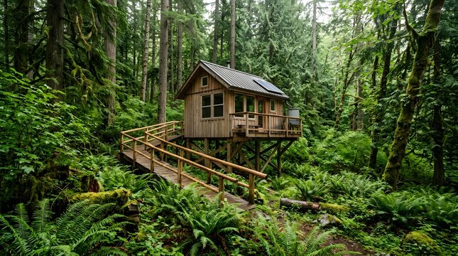 Wooden cabin in lush green forest on stilts