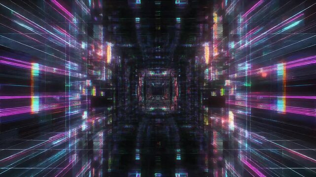 Cyberpunk Glitch Loop With Holographic Grids Flickering Violently And Glitch Fragments In Motion