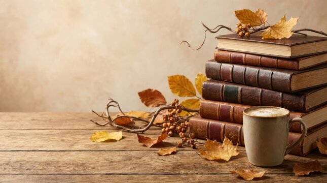 Stack of hardcover books with cup of coffee and autumn leaves on table