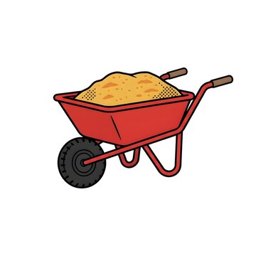 A vector illustration of a red wheelbarrow loaded with a pile of sand or soil. Great for construction, farming, gardening, and landscaping project visuals