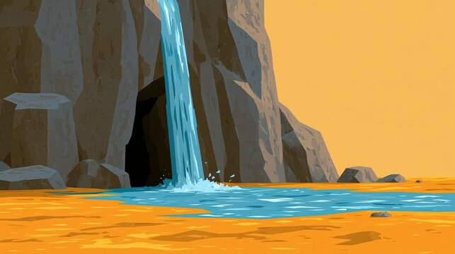 Minimal flat vector illustration of a bright spring bursting from dark rock cliffs into a sandy pool, in a clean modern style