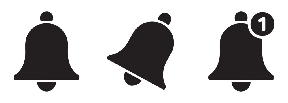 Minimalist black bell icons pack featuring active silent and notification badge status symbols.