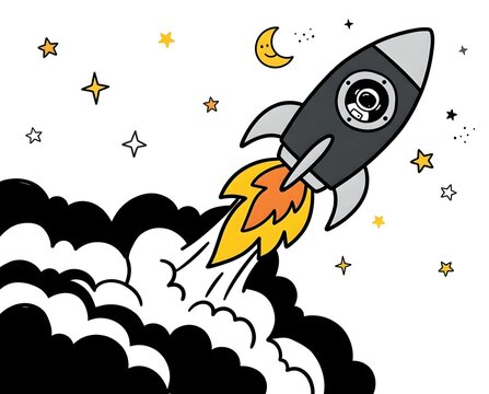 vector illustration of a black and white rocket launching into starry night sky with bright yellow fire smoke and smiling moon