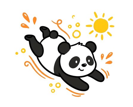 cute flying panda illustration with bright sun and orange abstract shapes for graphic design projects