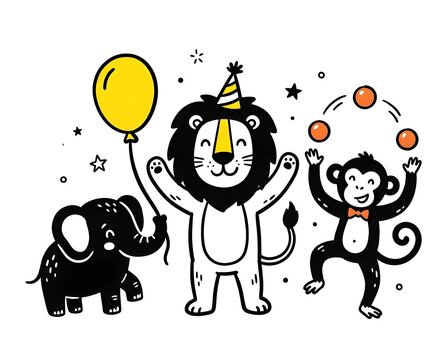 cute circus animals vector illustration featuring a happy lion with a party hat an elephant holding a yellow balloon and a playful monkey juggling balls