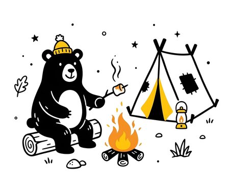 Cute black bear wearing a yellow hat roasting a marshmallow on a campfire next to a tent in a hand drawn illustration style
